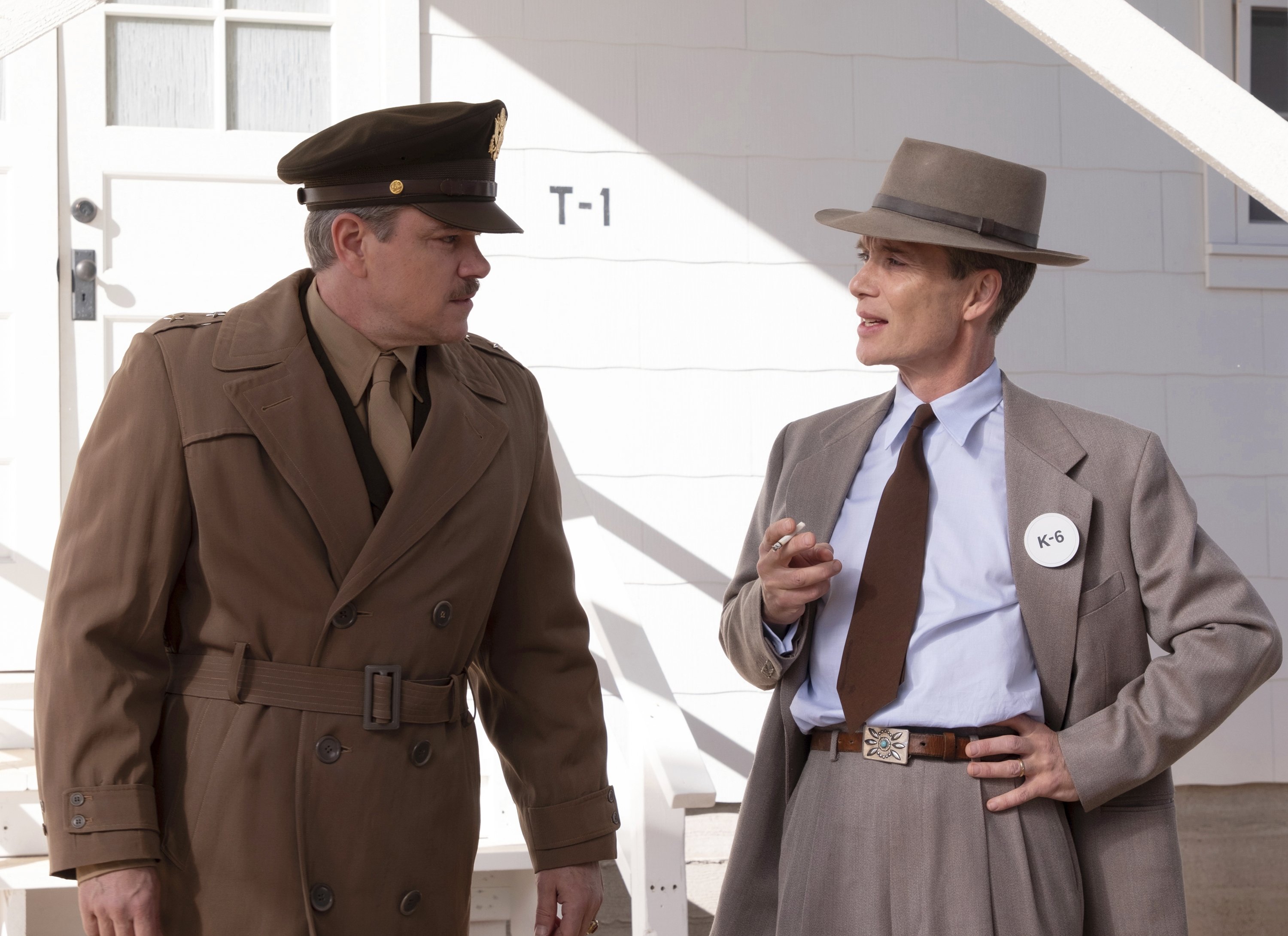 This image released by Universal Pictures shows Matt Damon as Gen. Leslie Groves, (L), and Cillian Murphy as J. Robert Oppenheimer in a scene from 