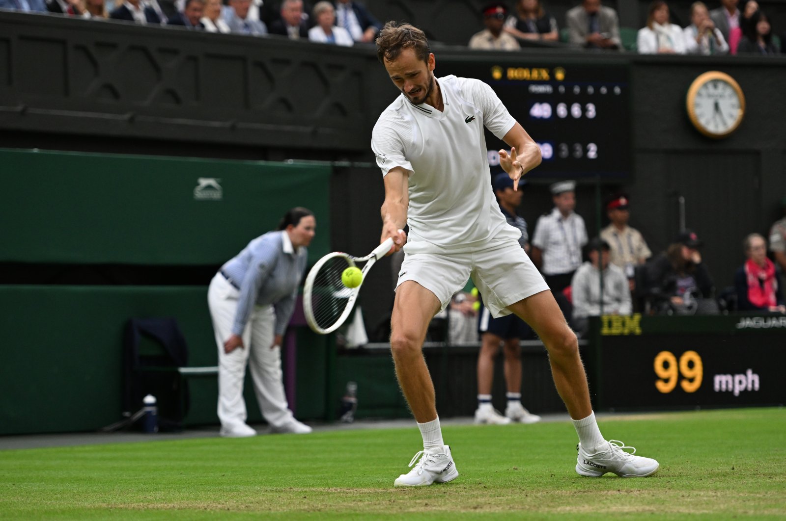 Daniil Medvedev in action during the Wimbledon semifinals against Carlos Alcaraz, London, UK., July 14, 2023. (AA Photo)