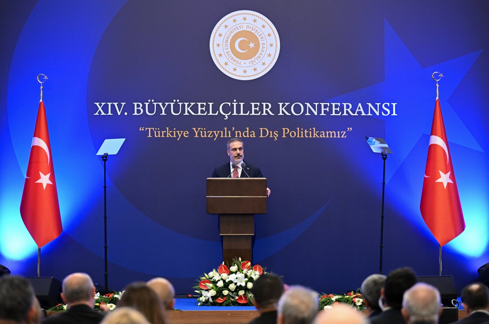 Foreign Minister Hakan Fidan addresses Turkish ambassadors, in the capital Ankara, Türkiye, Aug. 7, 2023. (AA Photo)