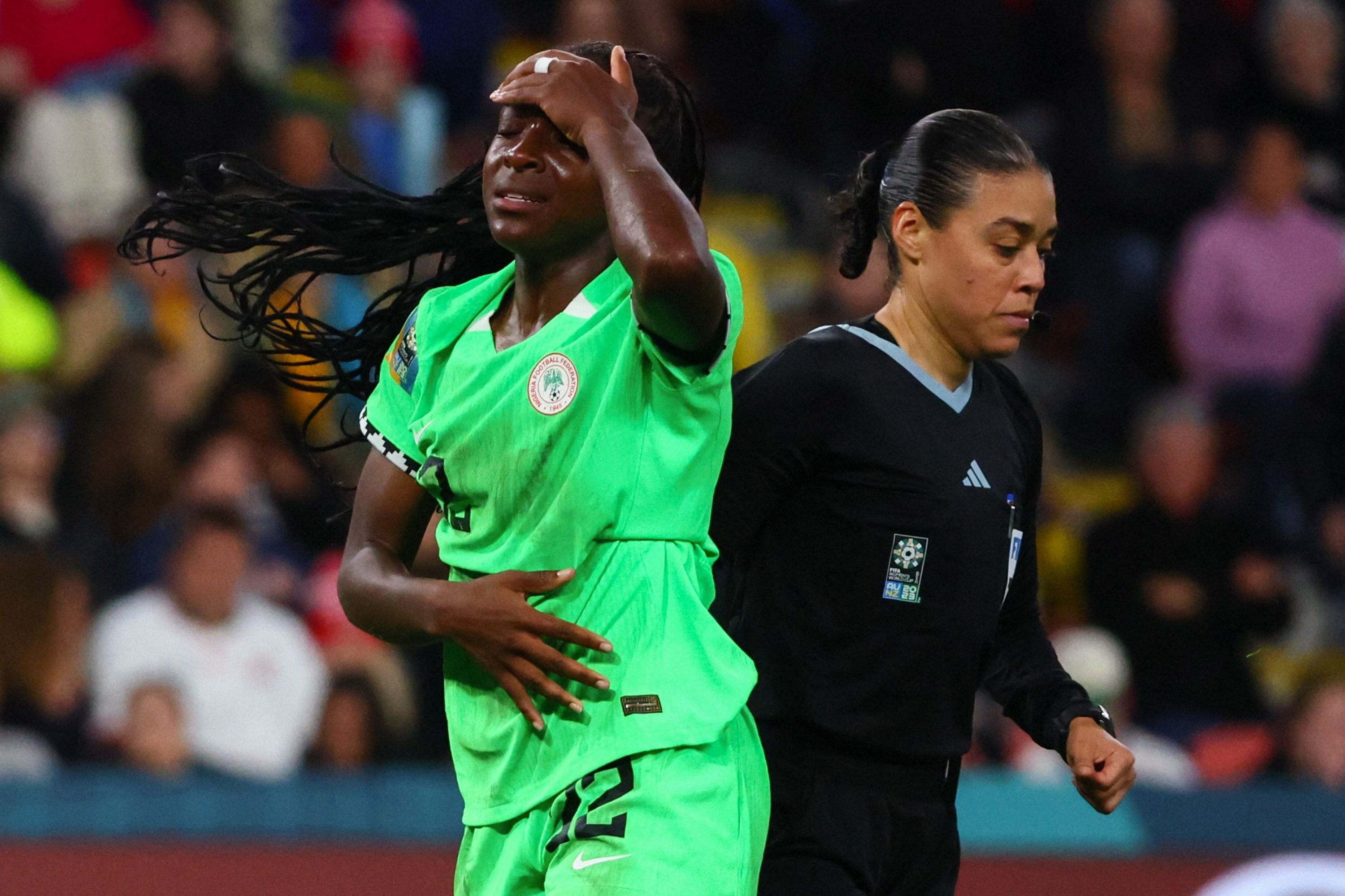 Nigeria's defender Michelle Alozie reacts during the 2023 Women's World Cup round of 16 match against England at Brisbane Stadium, Brisbane, Australia, Aug. 7, 2023. (AFP Photo)